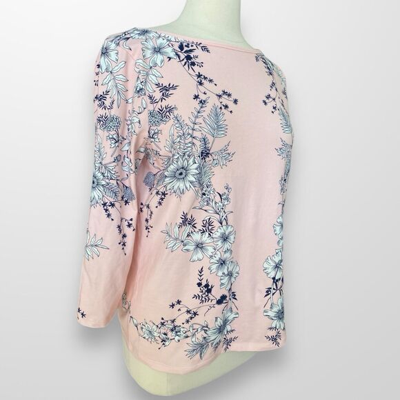 Talbots Tee Size Large Petite‎ Top Shirt Scoop Neck 3/4 Sleeve Pink Navy - Picture 4 of 8